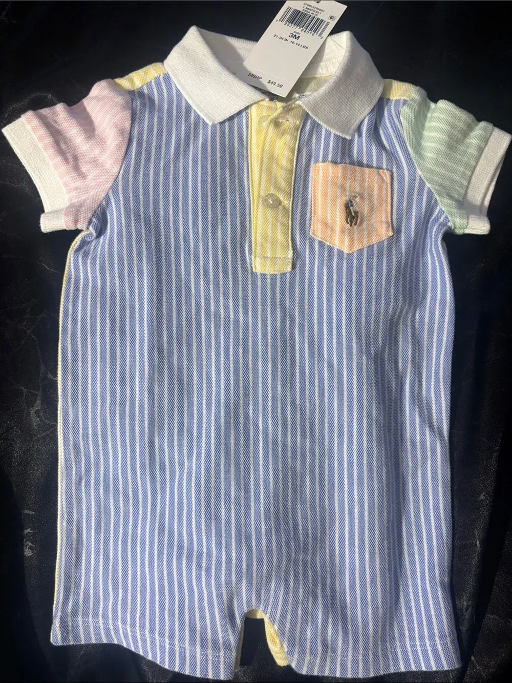 Ralph Lauren Blue & White Striped Polo Romper with Pastel Accents